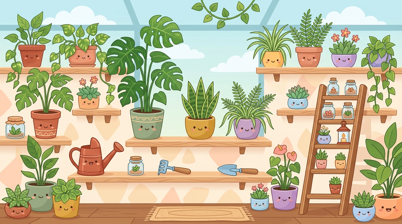 Il giardino kawaii di Genni Garden: mensole di piante, annaffiatoio e attrezzi da giardinaggio