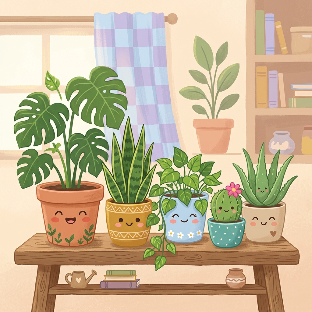 Famiglia di piante d'appartamento felici in vasi kawaii