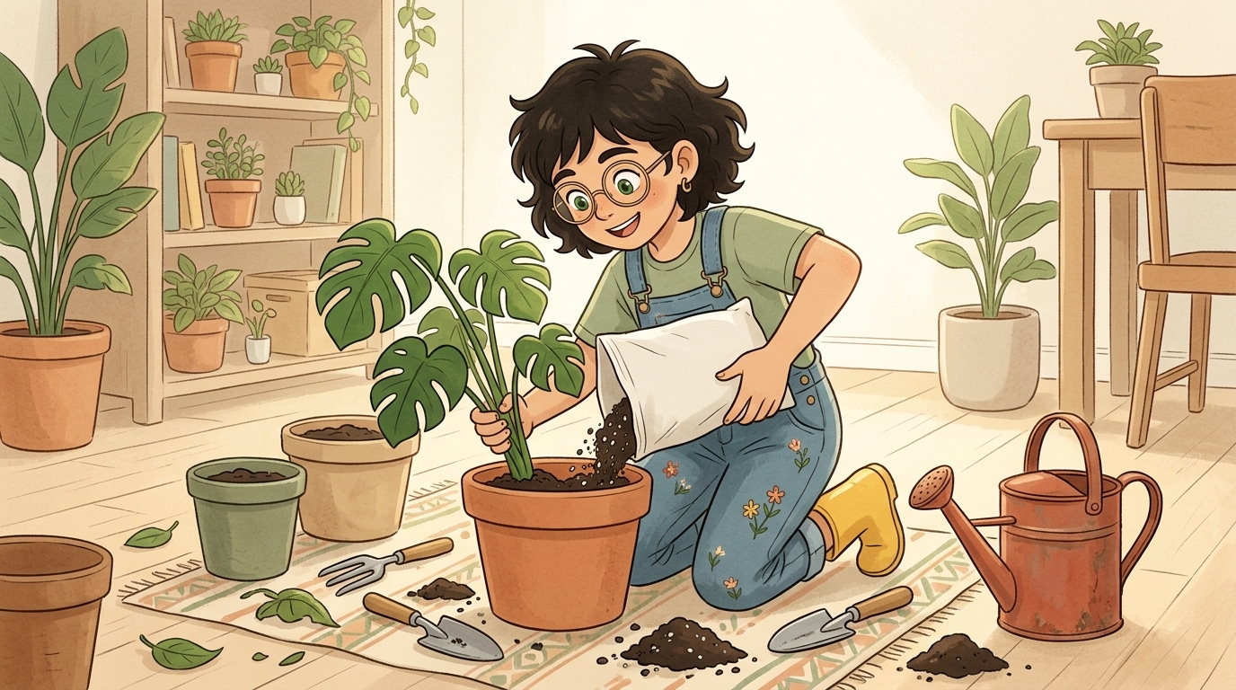 Genni intenta a trapiantare una monstera in un vaso di terracotta